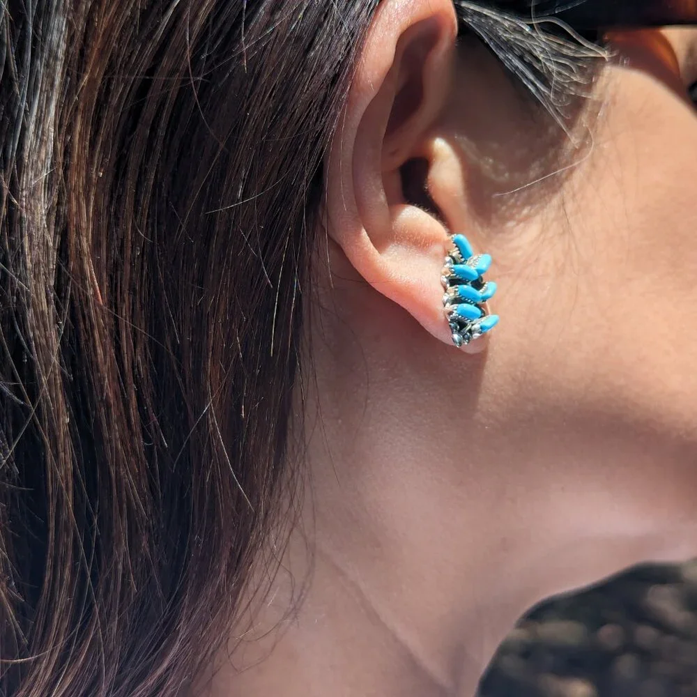 Zuni Petite Needlepoint Turquoise Earrings Native American Handmade Jewelry**‎